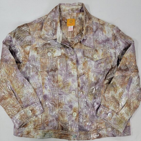 Ruby Rd Tops - Ruby Rd Road Women's Overshirt Shirt Jacket Button Up Shiny Size 10 Silver Brown